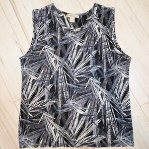 Plissé Black Palm Leaf Print Pleated Sleeveless Tank Top Y2K Minimalist Resort M